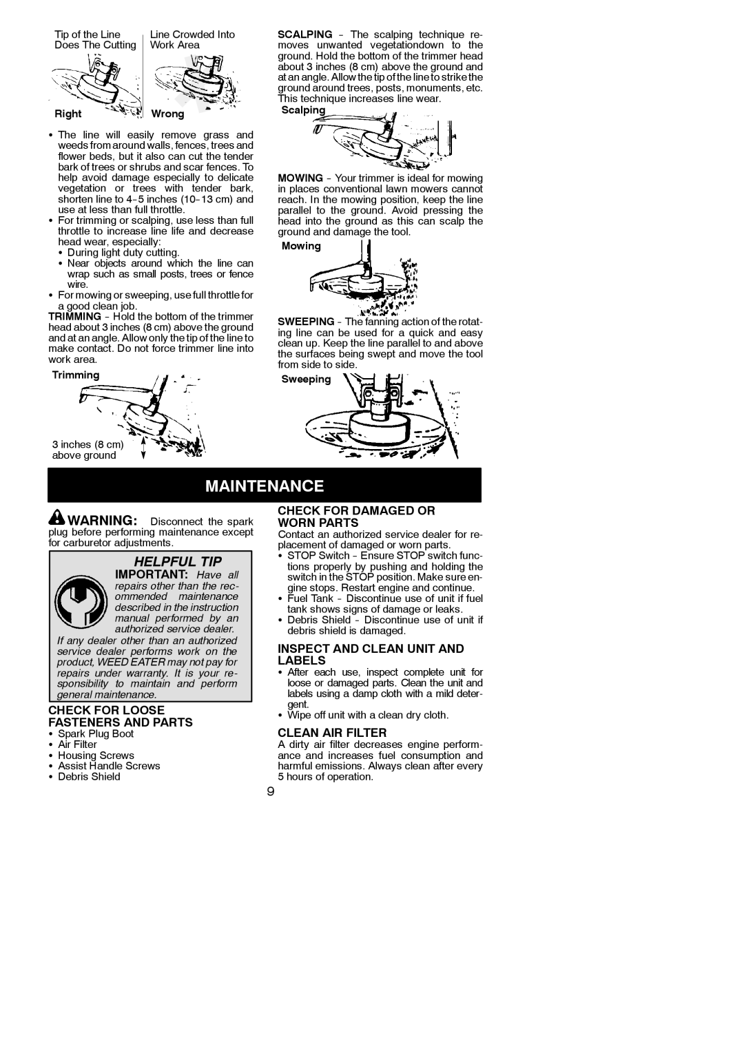 Weed Eater 952711941 Maintenance, Check for Loose Fasteners and Parts, Check for Damaged or Worn Parts, Clean AIR Filter 