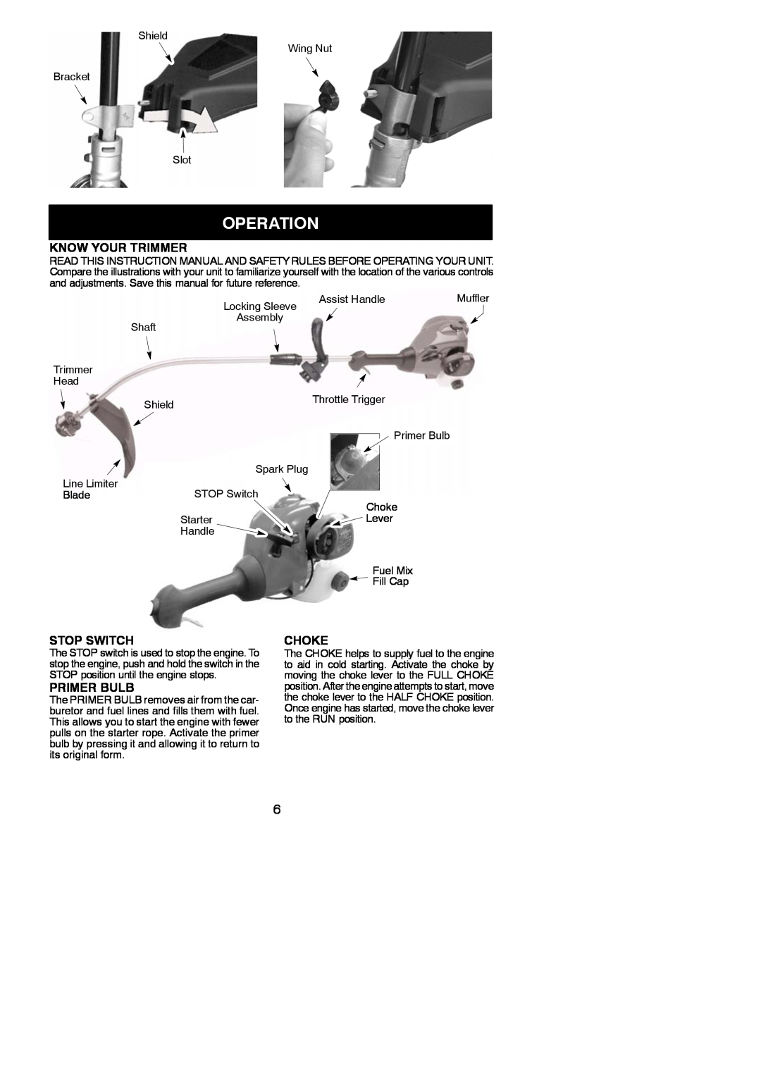 Weed Eater FX20SC, 952711941 instruction manual Operation, Know Your Trimmer, Stop Switch, Primer Bulb, Choke 