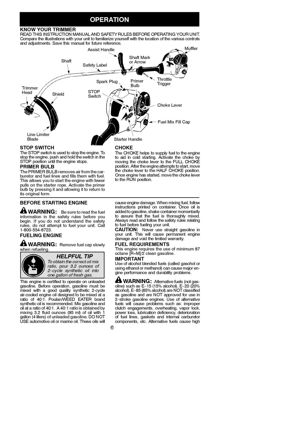 Weed Eater FX26 instruction manual Operation 