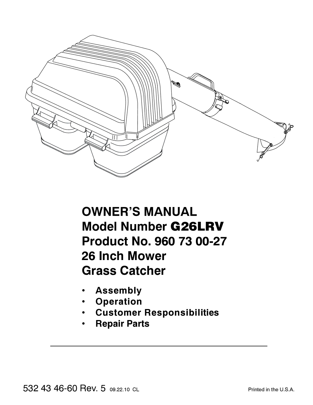 Weed Eater 960 73 00-27, 532 43 46-60 owner manual Model Number G26LRV Product No 73 Inch Mower Grass Catcher 