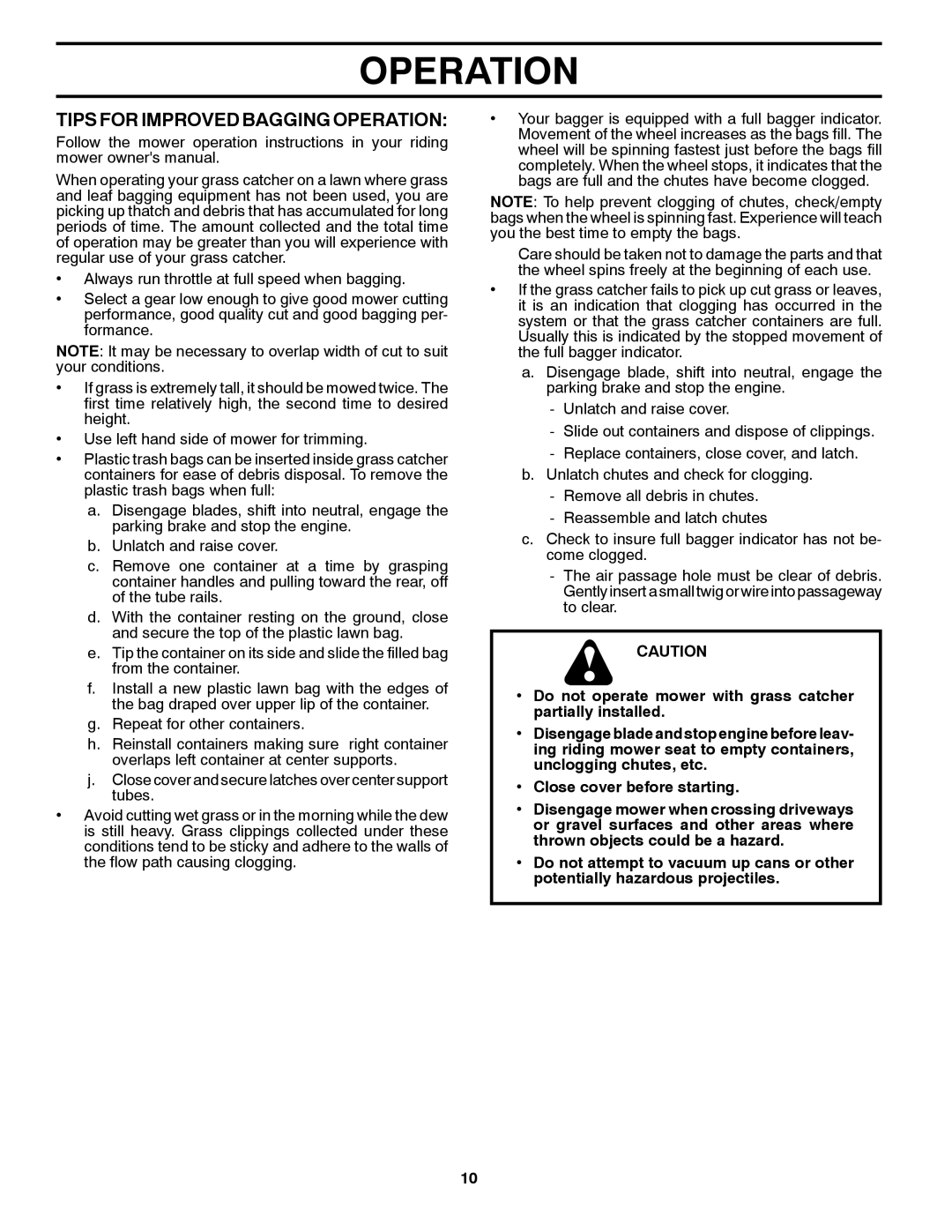 Weed Eater 960 73 00-27, G26LRV, 532 43 46-60 owner manual Tips for Improved Bagging Operation 