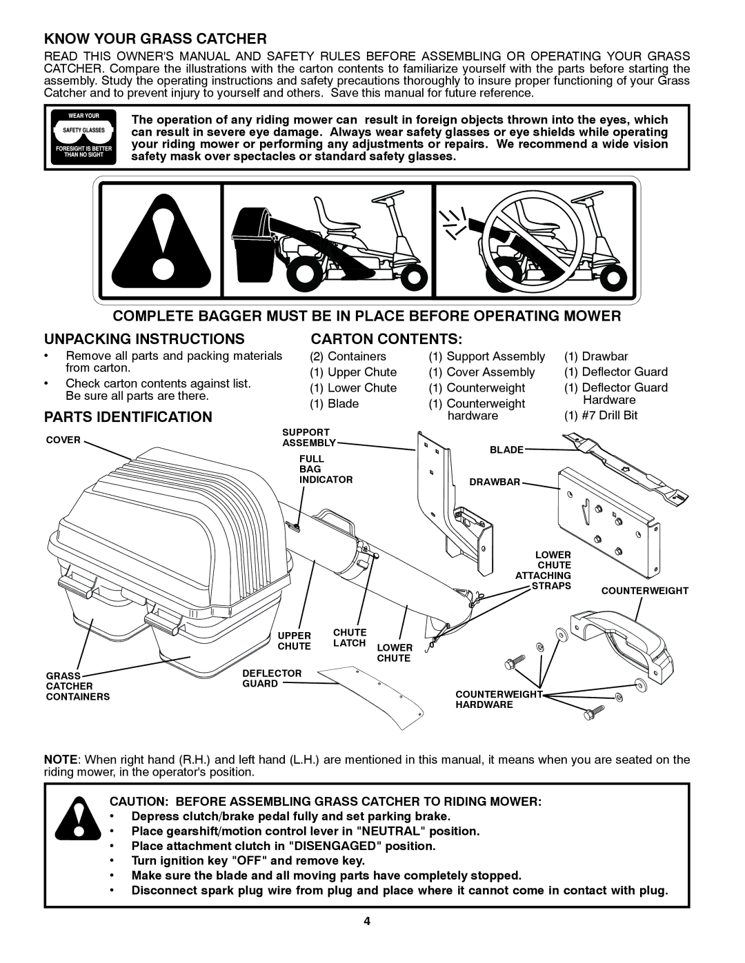 Weed Eater 960 73 00-27, G26LRV, 532 43 46-60 owner manual Know Your Grass Catcher, Parts Identification Carton Contents 