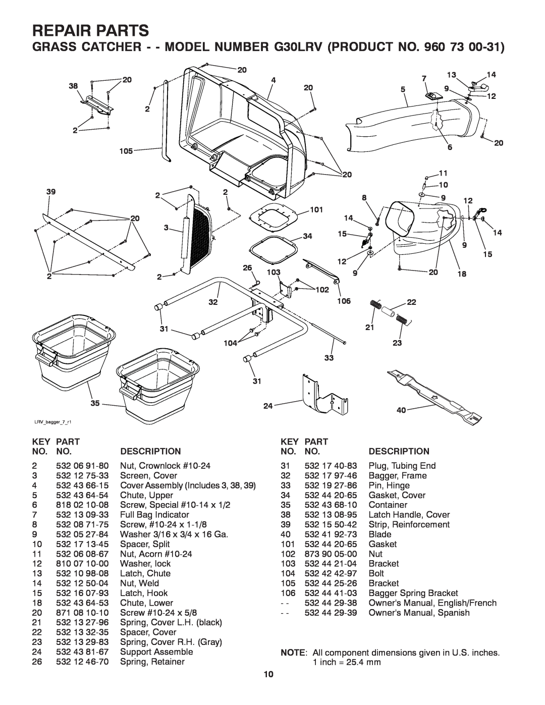 Weed Eater G30LRV, 960 73 00-31 owner manual Repair Parts, Key Part, Description 