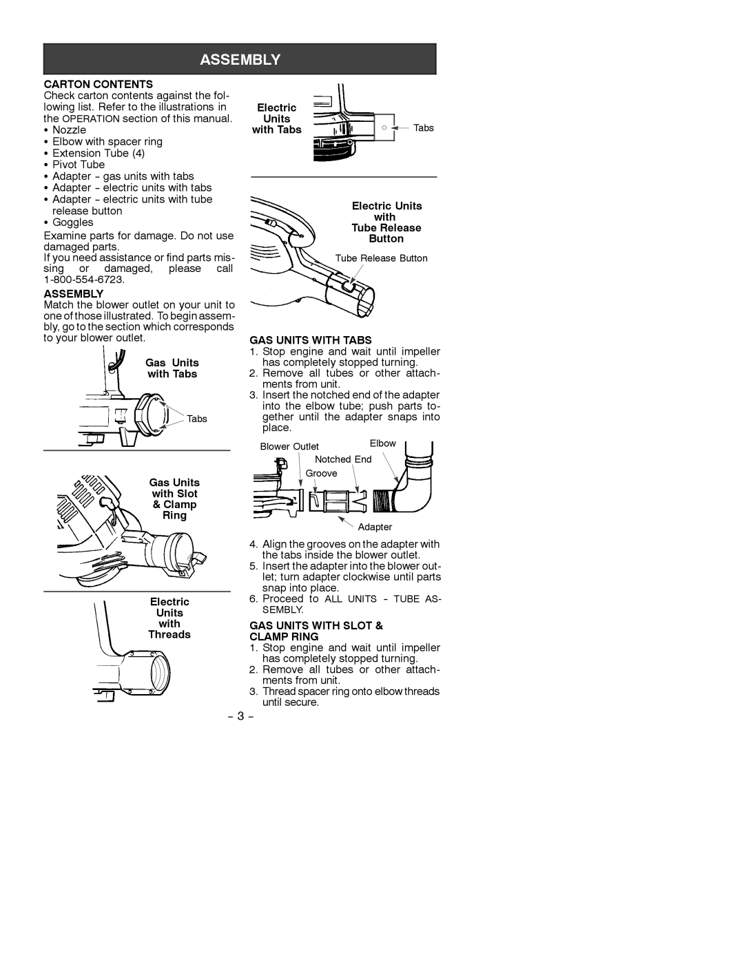 Weed Eater GA2010 instruction manual Carton Contents, Assembly, GAS Units with Tabs, GAS Units with Slot Clamp Ring 