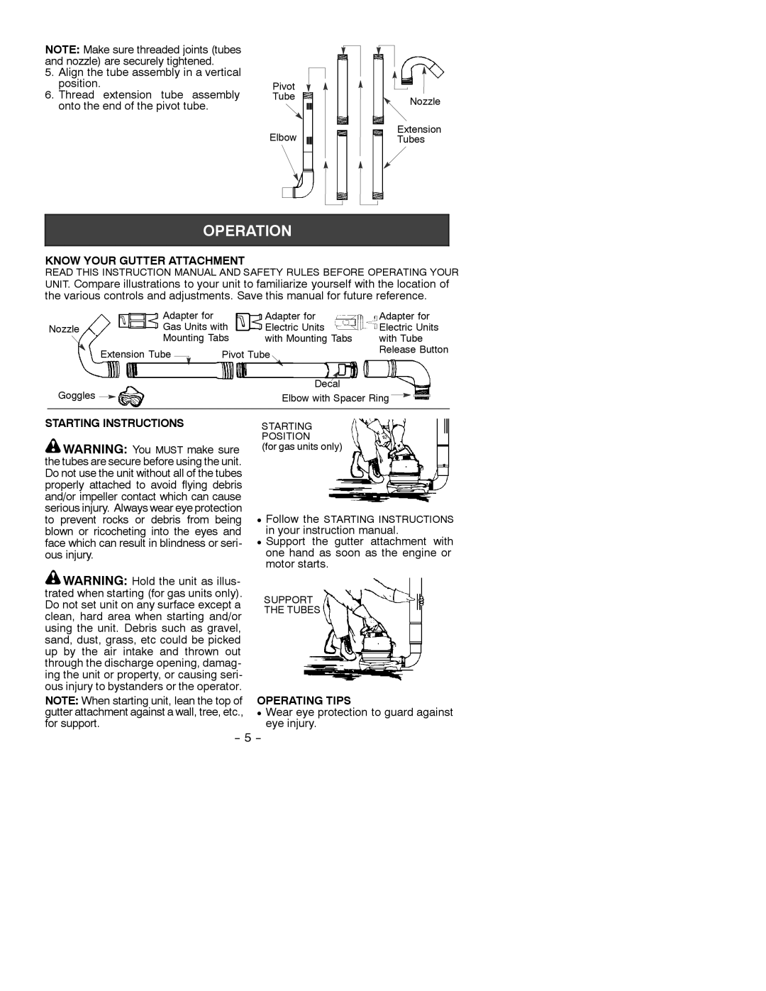 Weed Eater GA2010 instruction manual Know Your Gutter Attachment, Starting Instructions, Operating Tips 