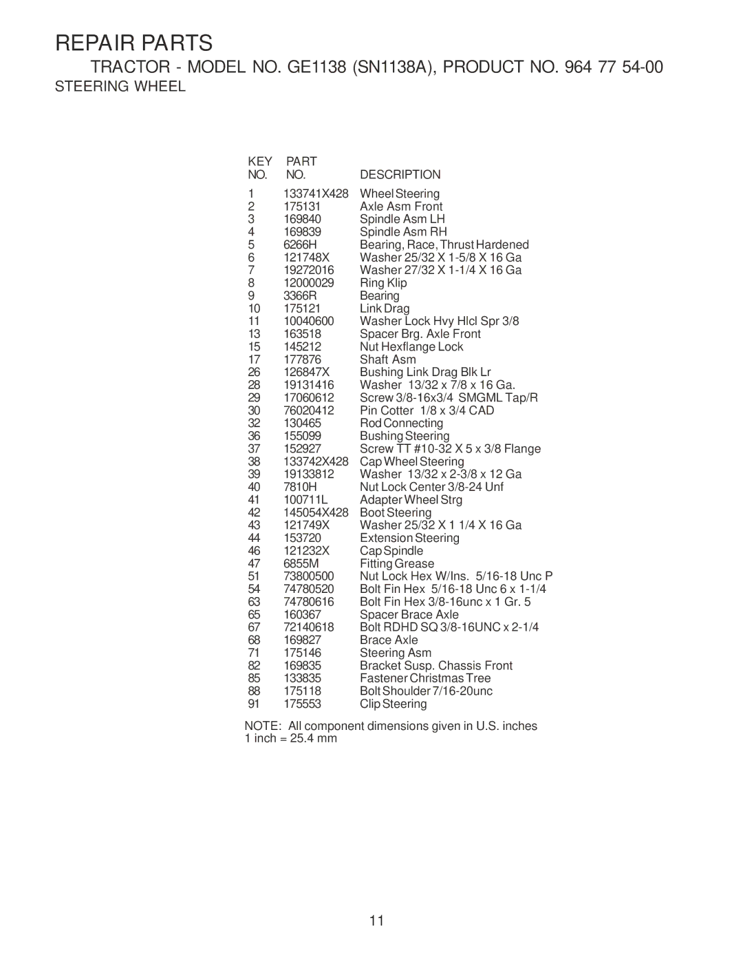 Weed Eater GE1138 (SN1138A) manual KEY Part NO. NO. Description 