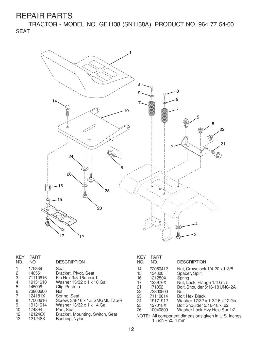 Weed Eater GE1138 (SN1138A) manual Seat 