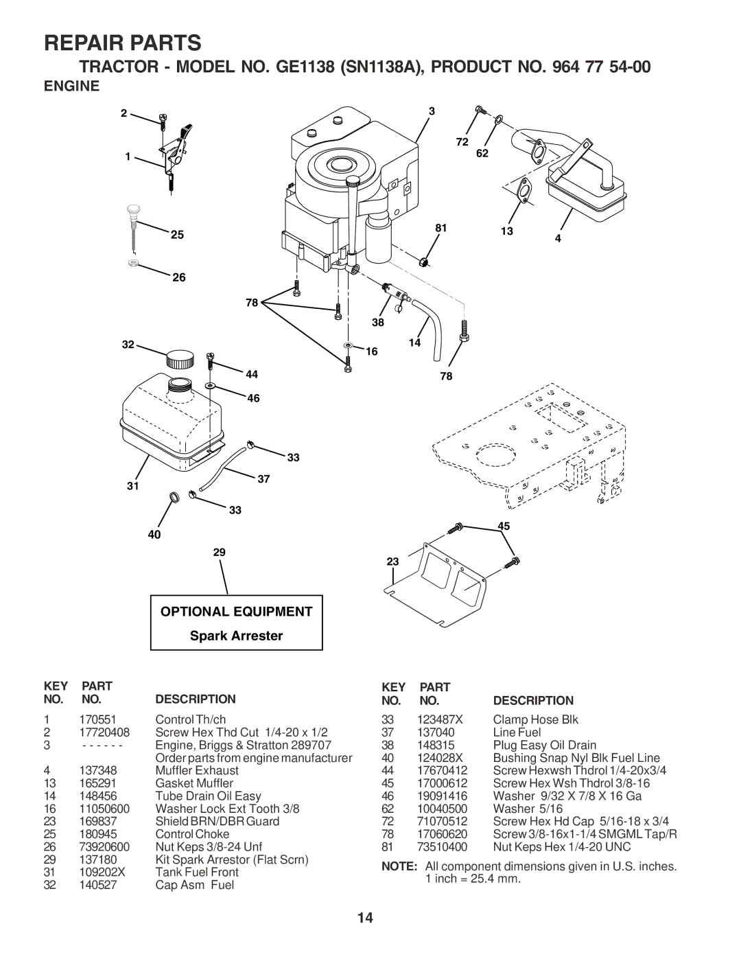 Weed Eater GE1138 (SN1138A) manual Engine, Optional Equipment 