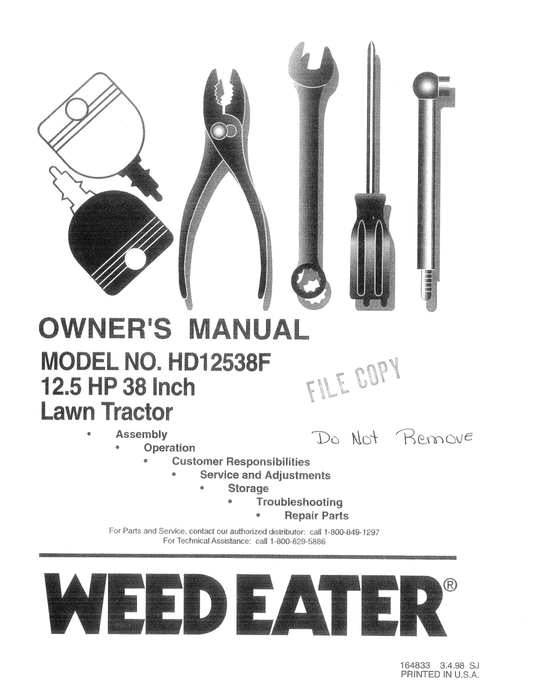 Weed Eater 164833, HD12538F manual 