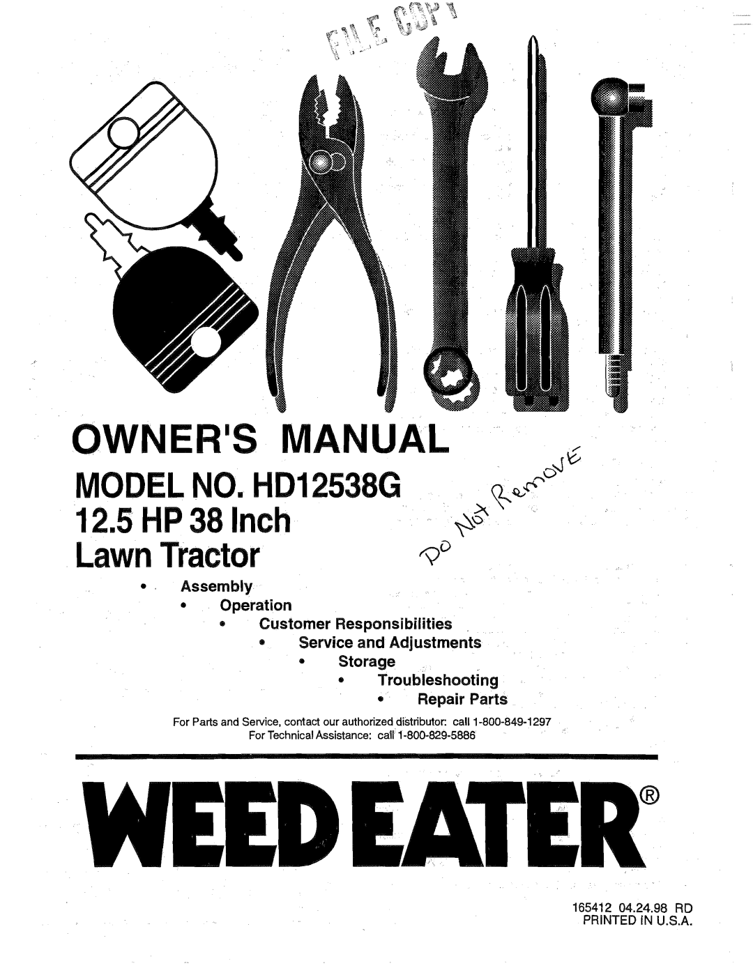 Weed Eater 165412, HD12538G manual Ownersmanual 