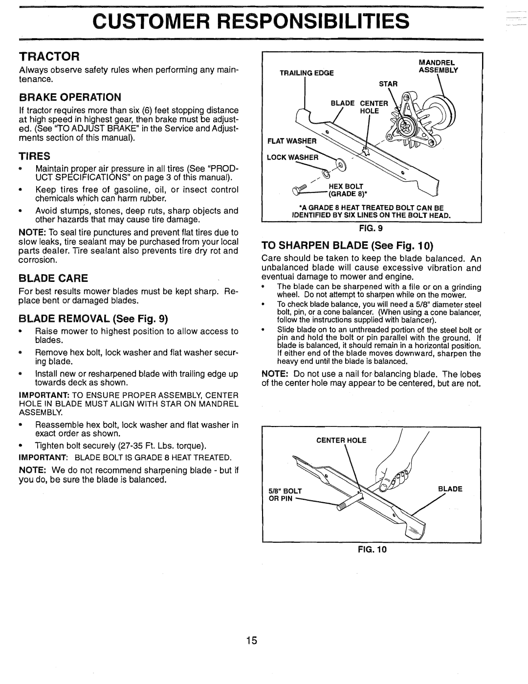 Weed Eater 165412, HD12538G manual Tractor, Brake Operation, Tires, Blade Care 