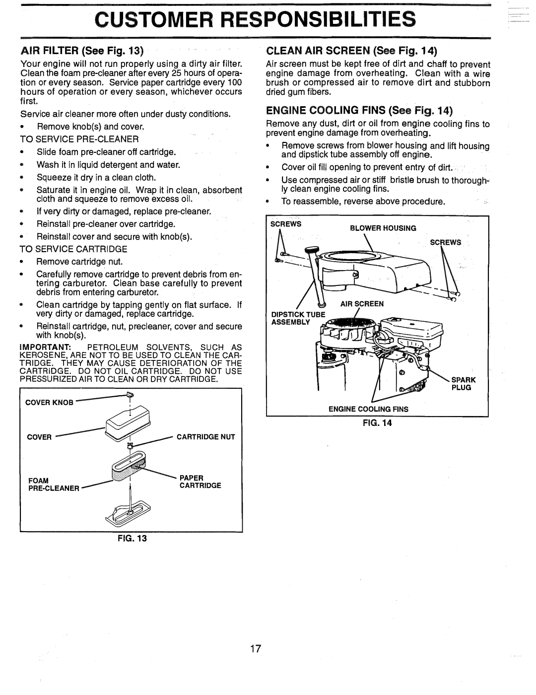 Weed Eater 165412, HD12538G Customer Responsib, AIR Filter See Fig, Clean AIR Screen See Fig, Engine Cooling Fins See Fig 