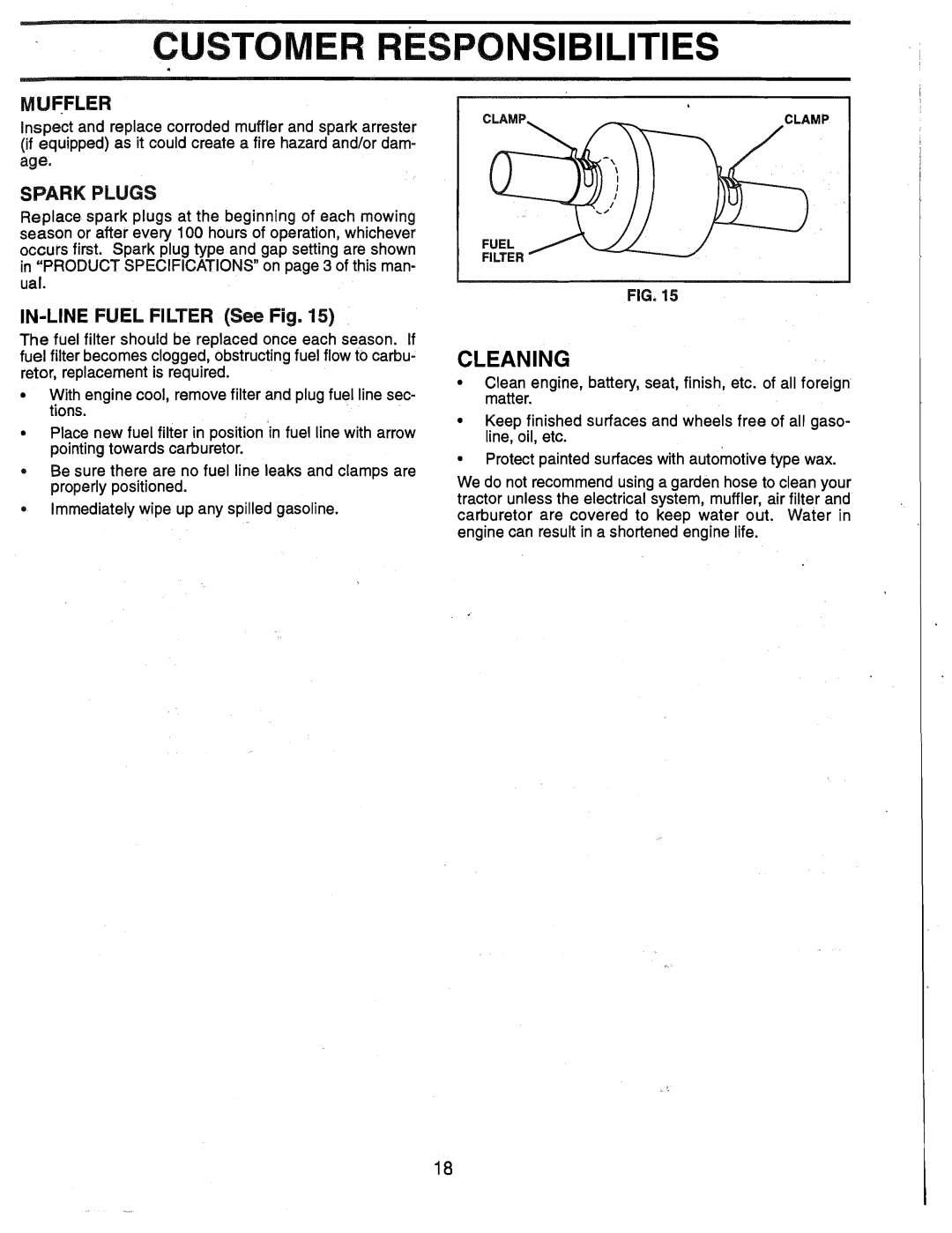 Weed Eater HD12538G, 165412 manual Cleaning, Muffler, Spark Plugs, IN-LINE Fuel Filter See Fig 