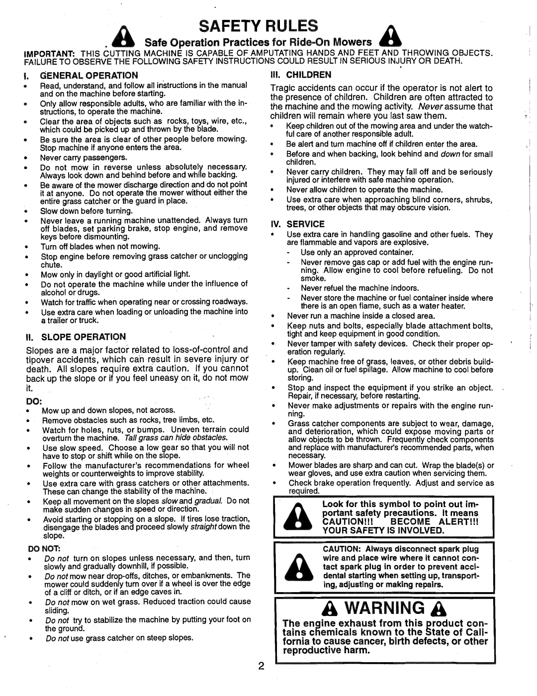 Weed Eater HD12538G, 165412 manual General Operation, Slope Operation, III. Children, IV. Service 