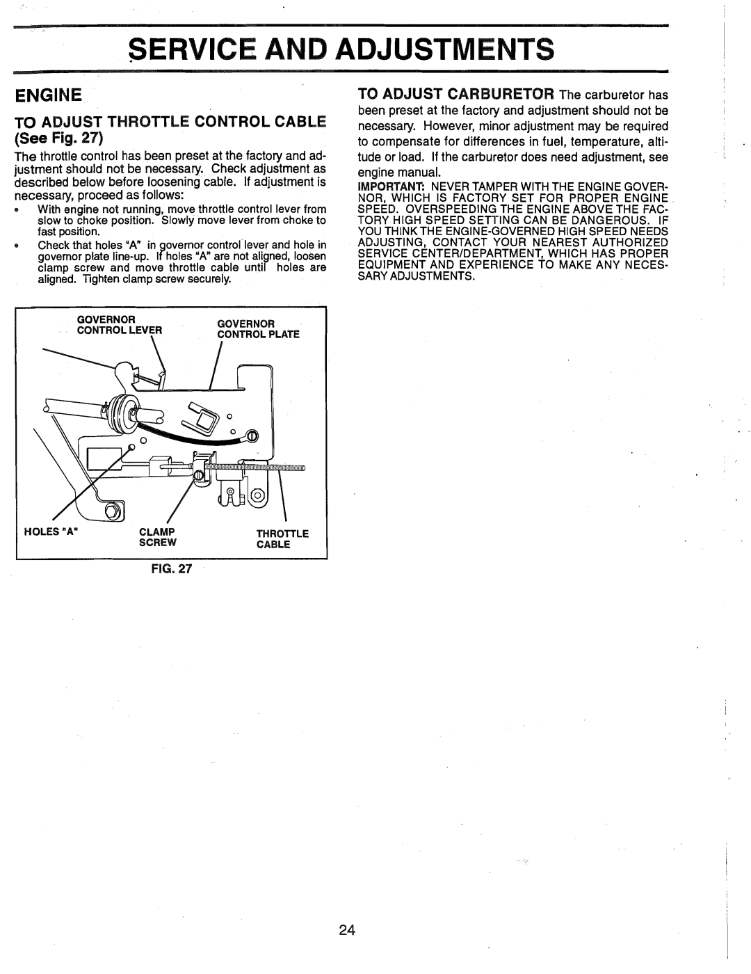 Weed Eater HD12538G, 165412 manual To Adjust Throttle Control Cable, See Fig 