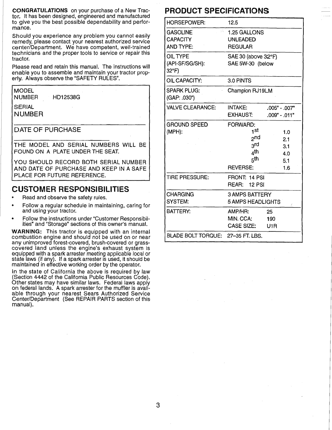 Weed Eater 165412, HD12538G manual Customer RESPONSIBILlflES 