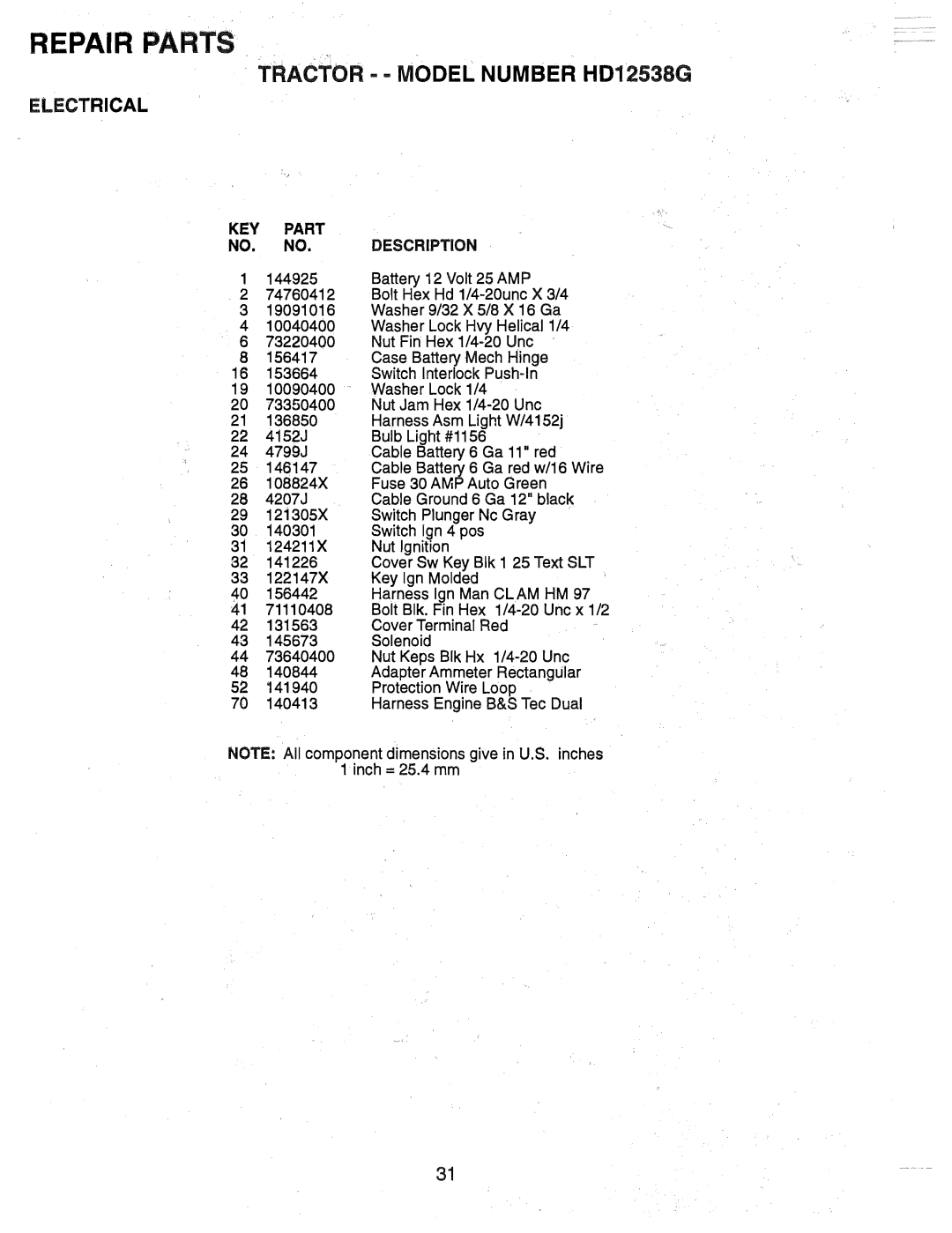 Weed Eater 165412, HD12538G manual Repair Parts 