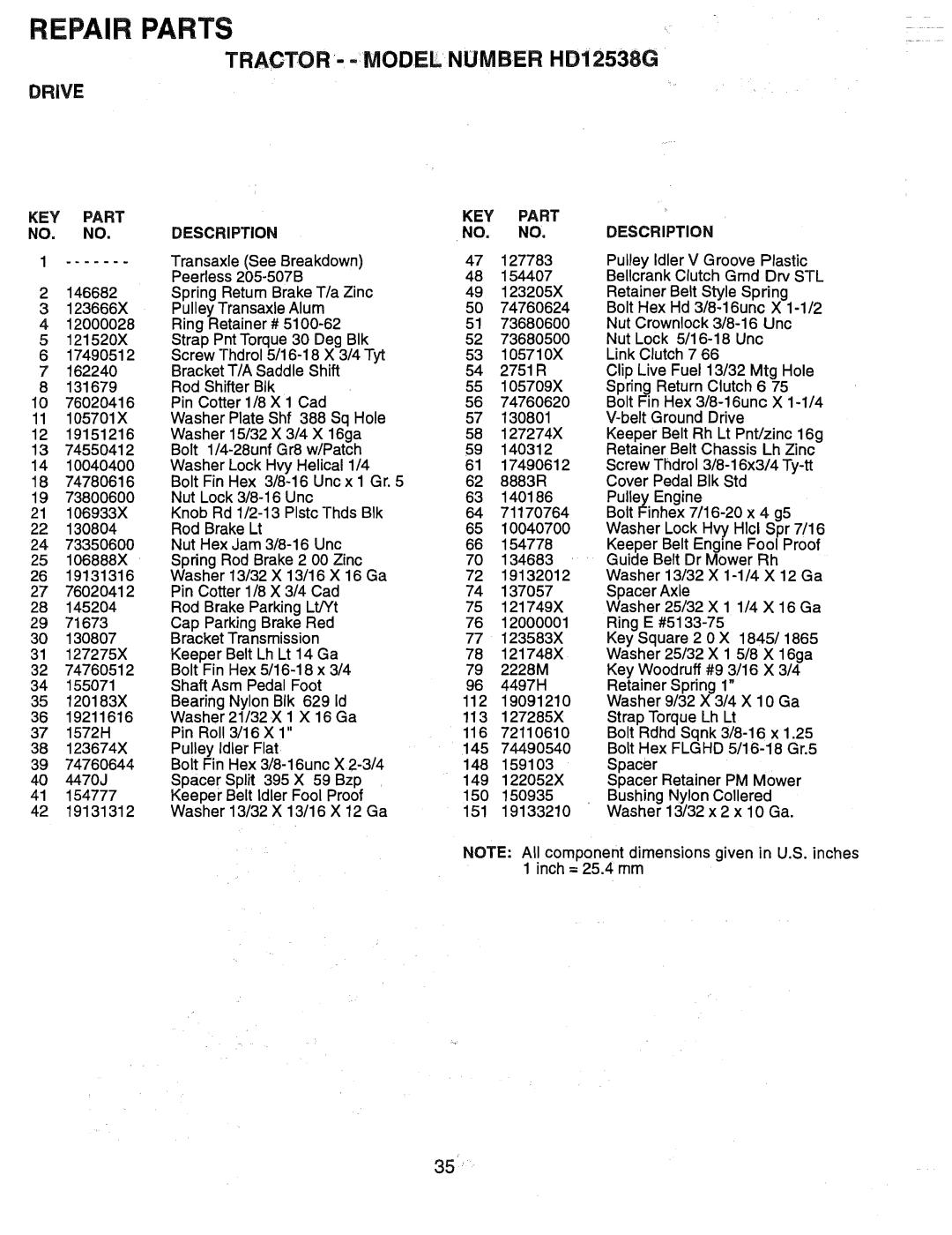 Weed Eater 165412, HD12538G manual KEY Part 