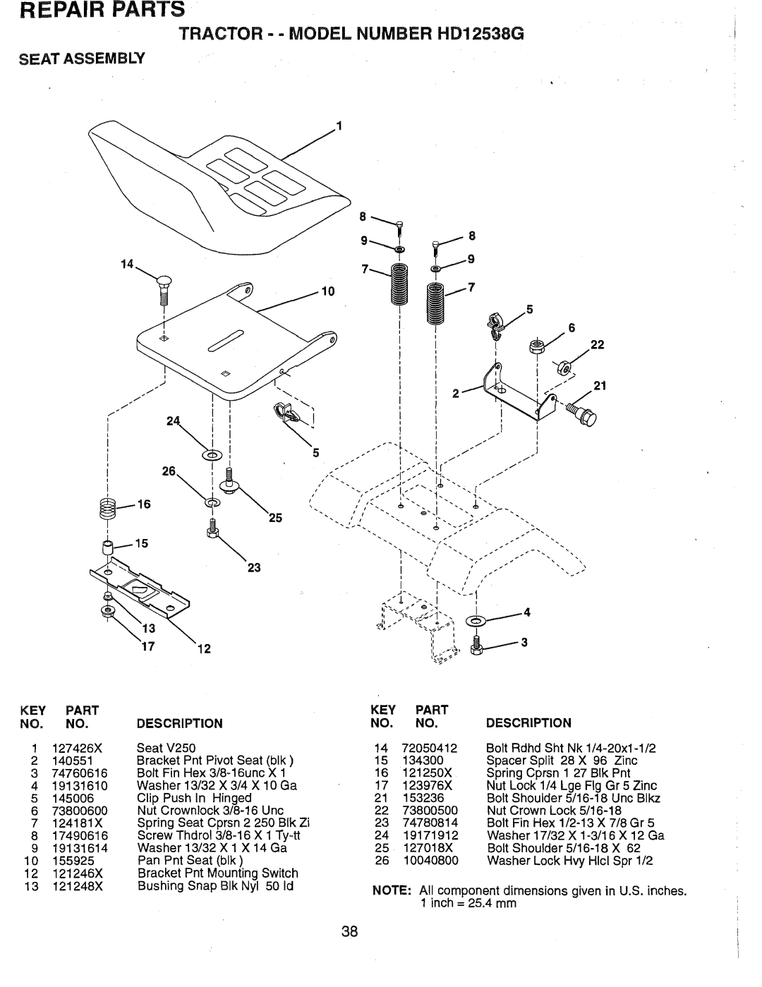 Weed Eater HD12538G, 165412 manual Tractor - Model Number HD12538C, Seat Assembly 