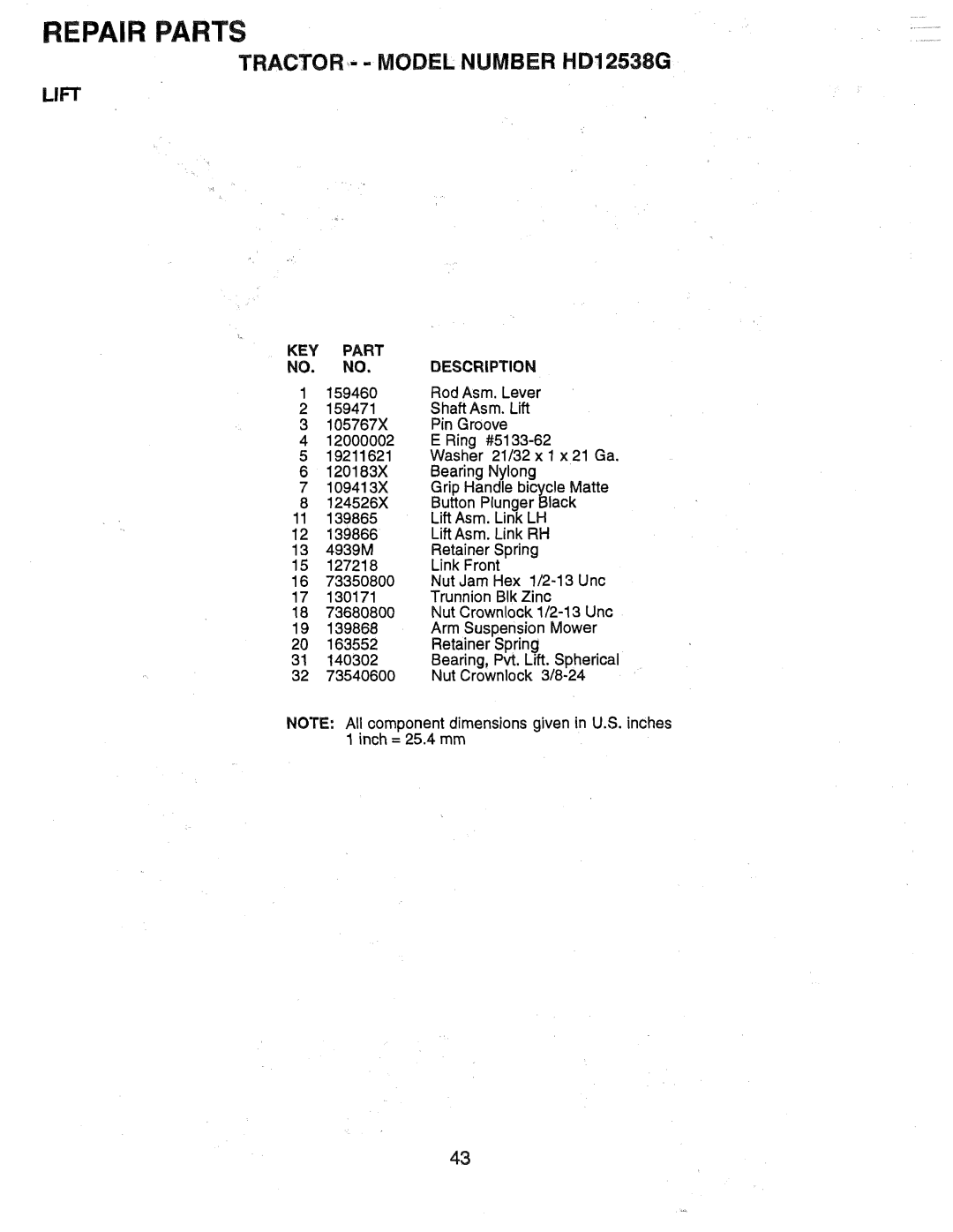 Weed Eater 165412, HD12538G manual Lift, Part Description 