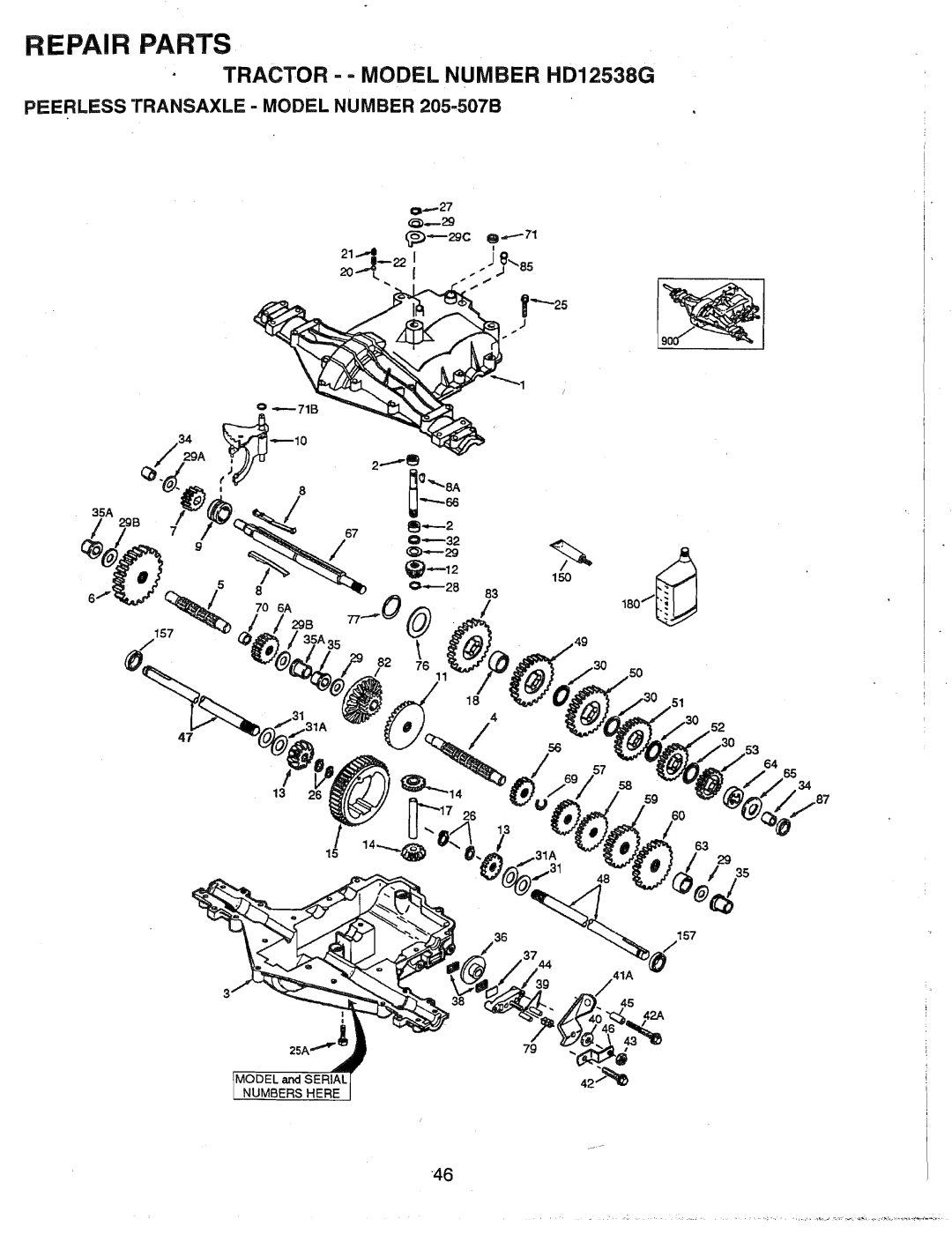 Weed Eater HD12538G, 165412 manual Tractor - Model Number HD125386, Peerless Transaxle Model Number 