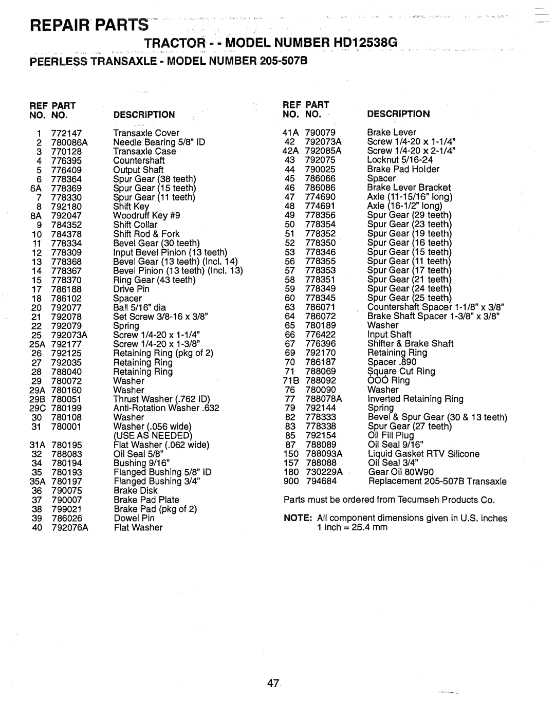 Weed Eater 165412 manual Model Number HD12538G, REF Part NO. no Description, REF Part Description NO. no 