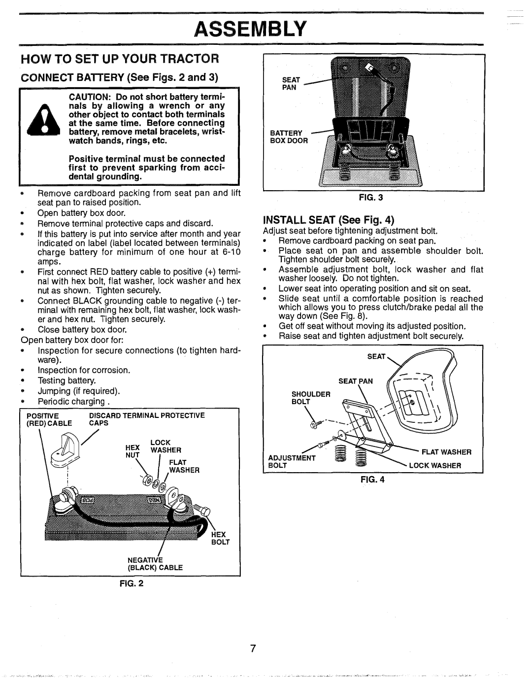 Weed Eater 165412, HD12538G manual WOW to SET UP Your Tractor, Connect Battery See Figs, Install Seat See Fig 