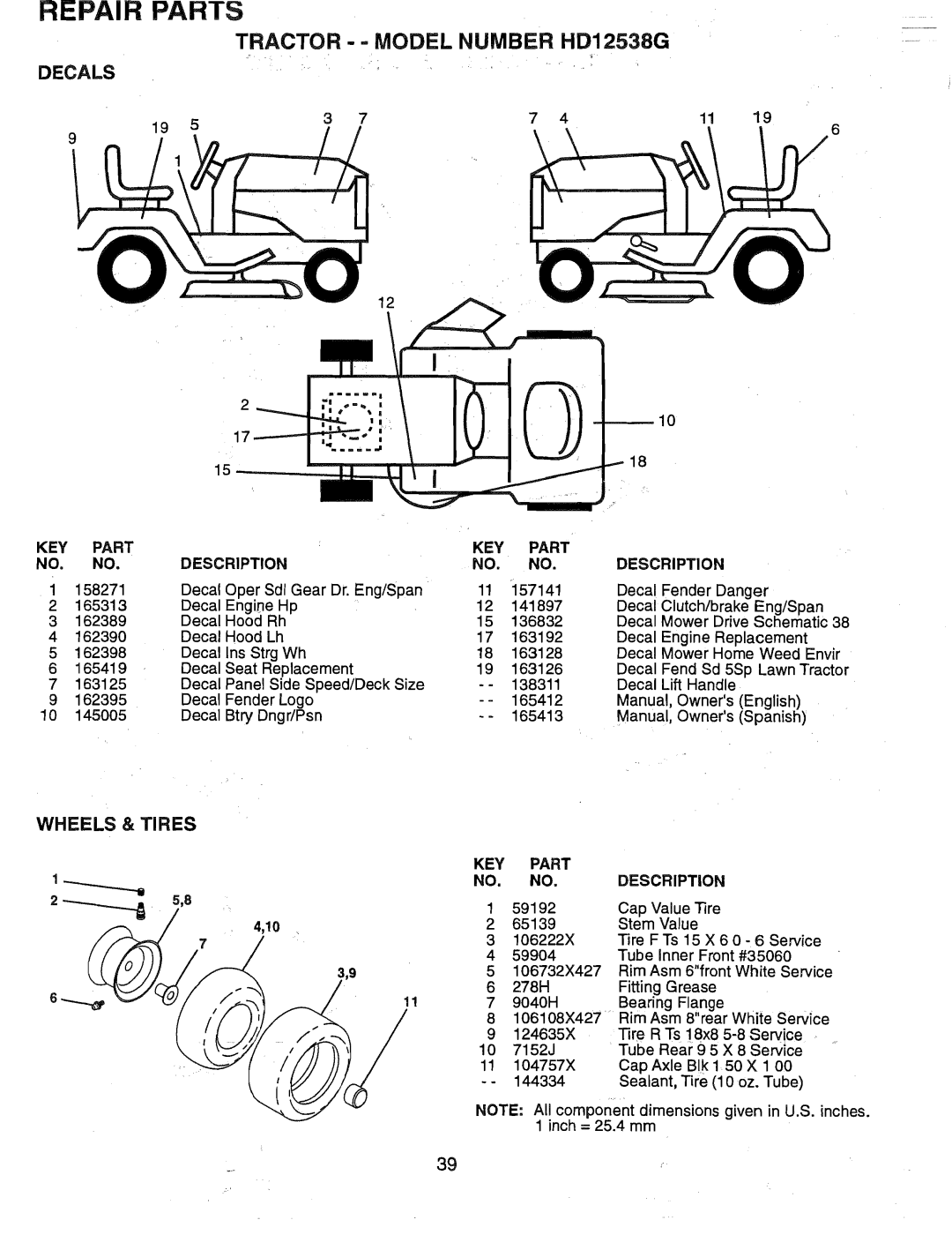 Weed Eater 165412 manual Decals, Wheels & Tires, Description, Repair Parts, TRACTOR - - MODEL NUMBER HD12538G 