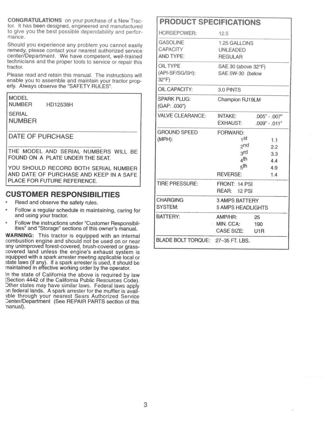 Weed Eater 166301, HD12538H manual 