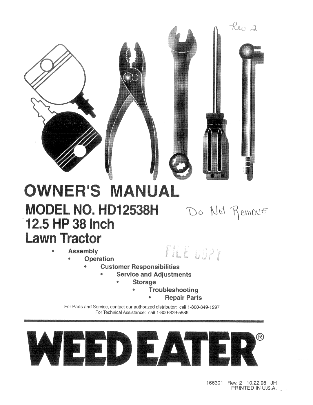 Weed Eater 166301, HD12538H manual 