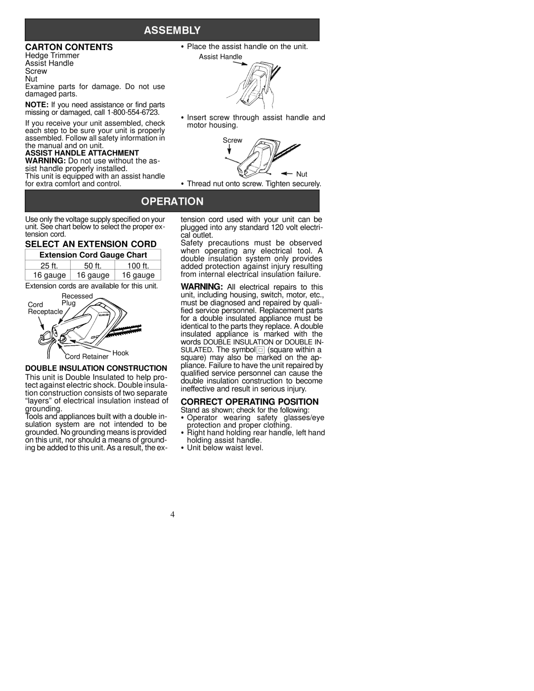 Weed Eater 530085739, HT19, HT17, HT14, HT22 manual Carton Contents, Select AN Extension Cord, Correct Operating Position 