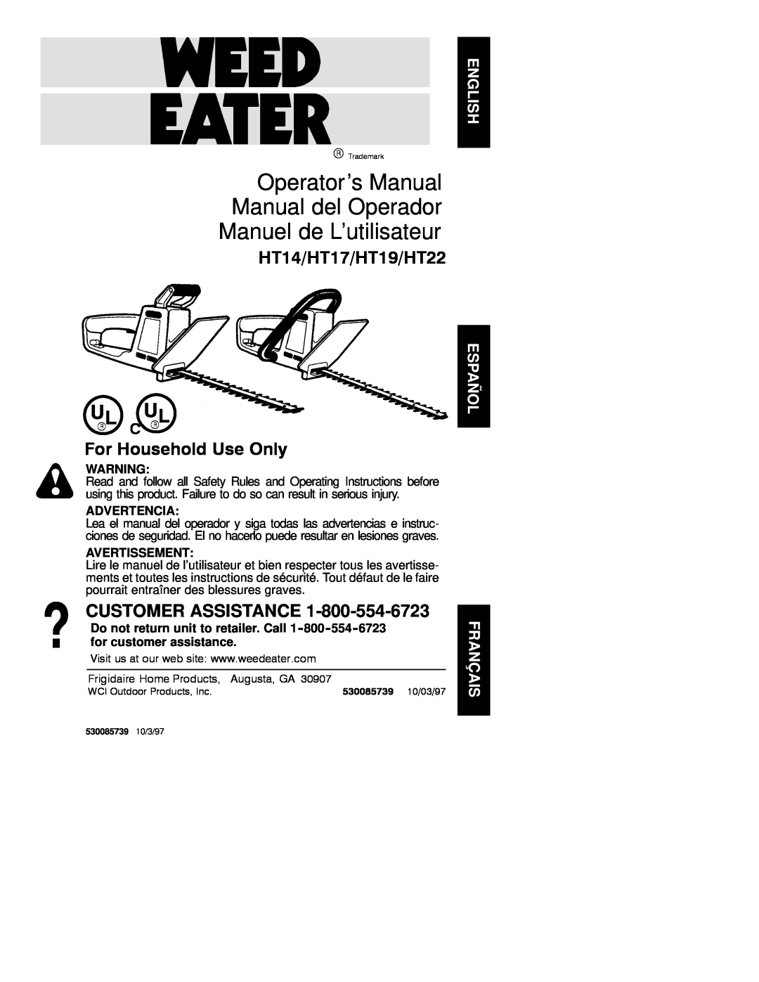 Weed Eater HT17 manual Advertencia, Avertissement, Operator’s Manual Manual del Operador Manuel de L’utilisateur, R Cr 