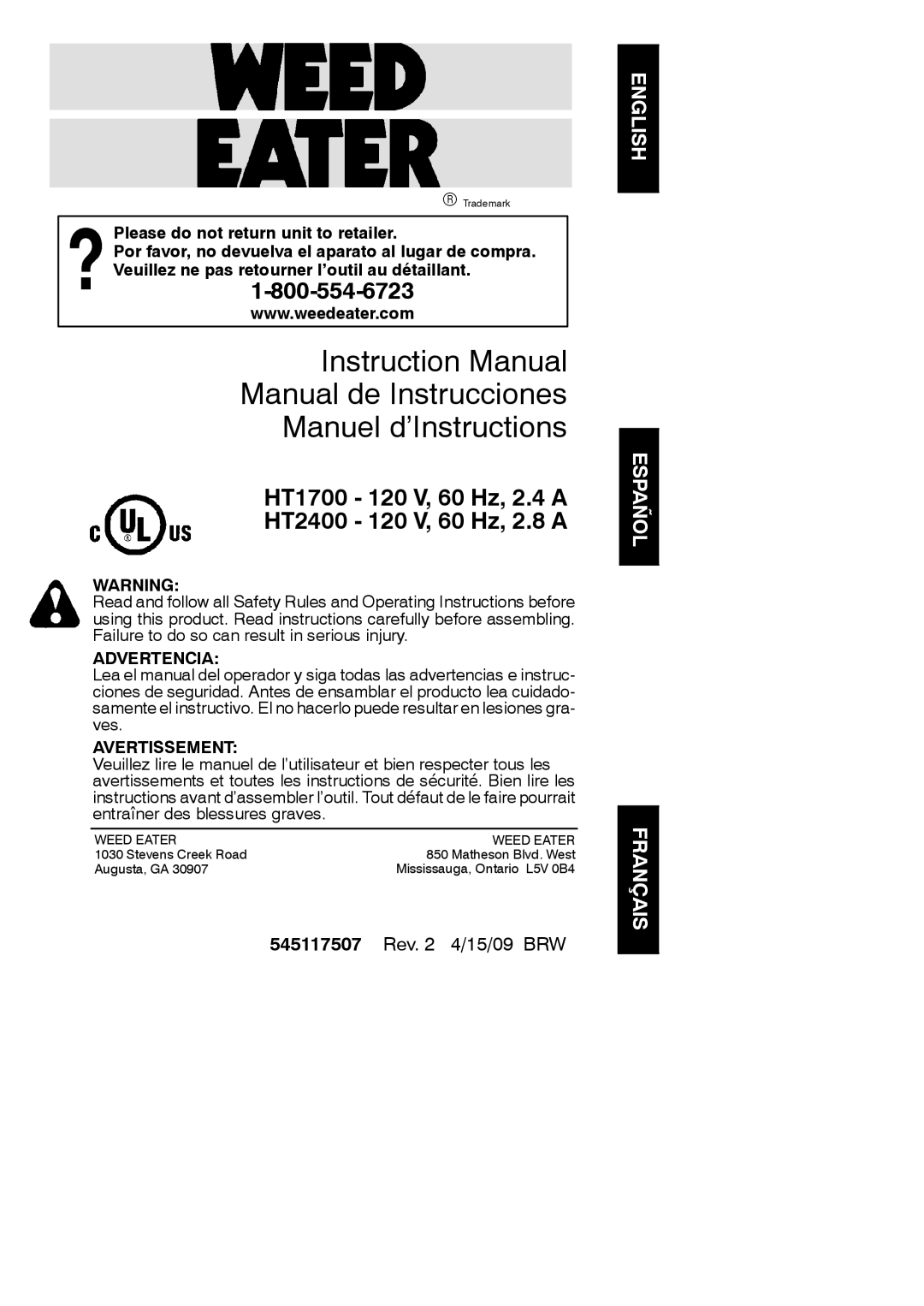 Weed Eater HT1700, HT2400, 545117507 instruction manual Advertencia, Avertissement 