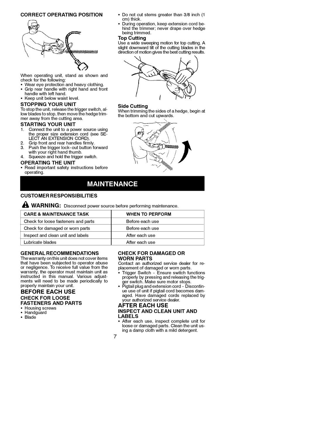 Weed Eater HT1700, HT2400, 545117507 instruction manual Maintenance, Before Each USE, After Each USE 