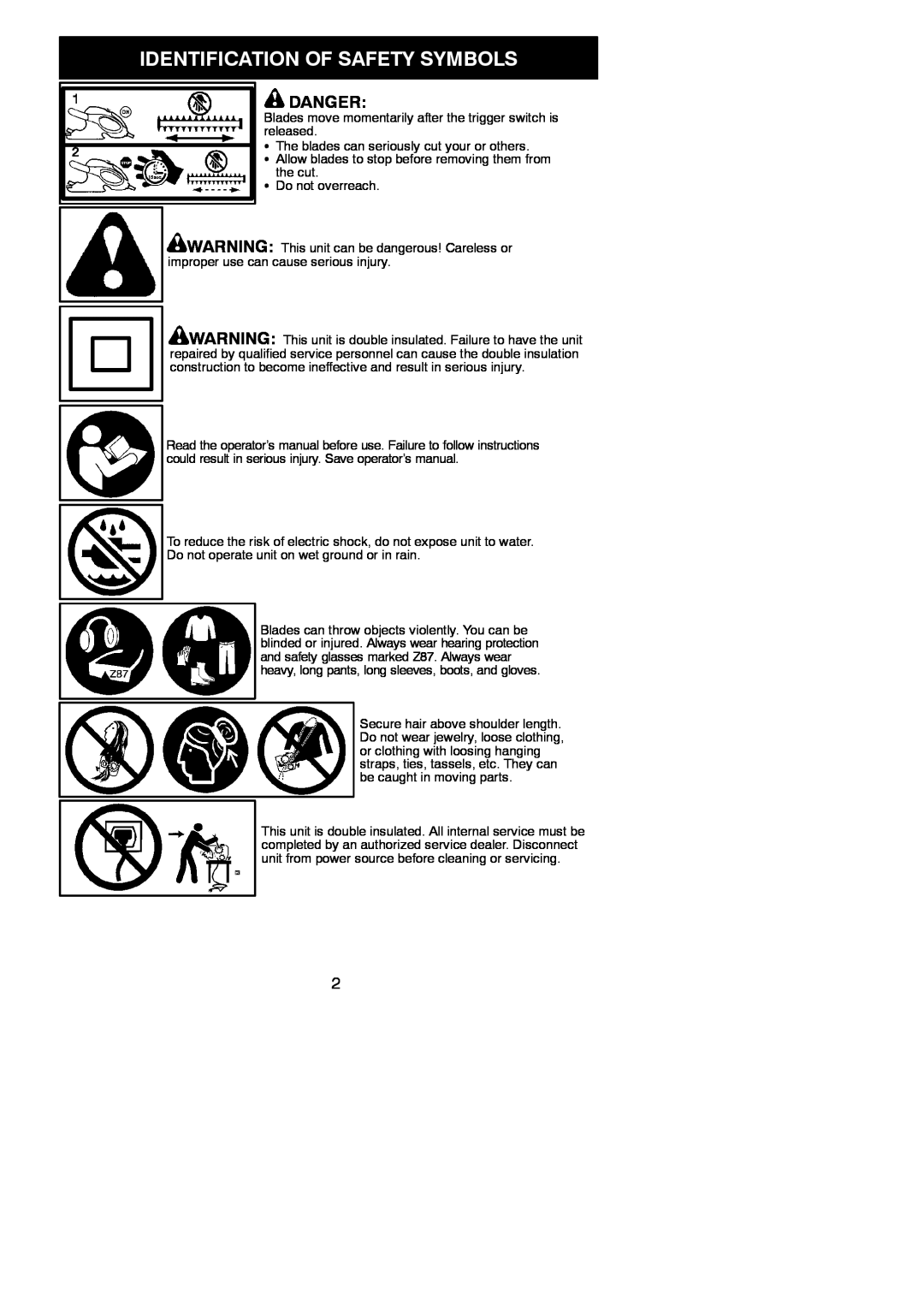 Weed Eater 545117507, HT2400, HT1700 instruction manual Identification Of Safety Symbols, Danger 