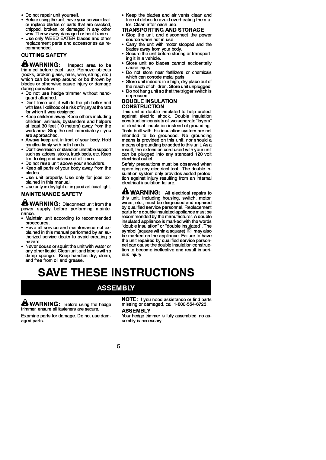 Weed Eater 545117507, HT2400, HT1700 instruction manual Save These Instructions, Assembly 