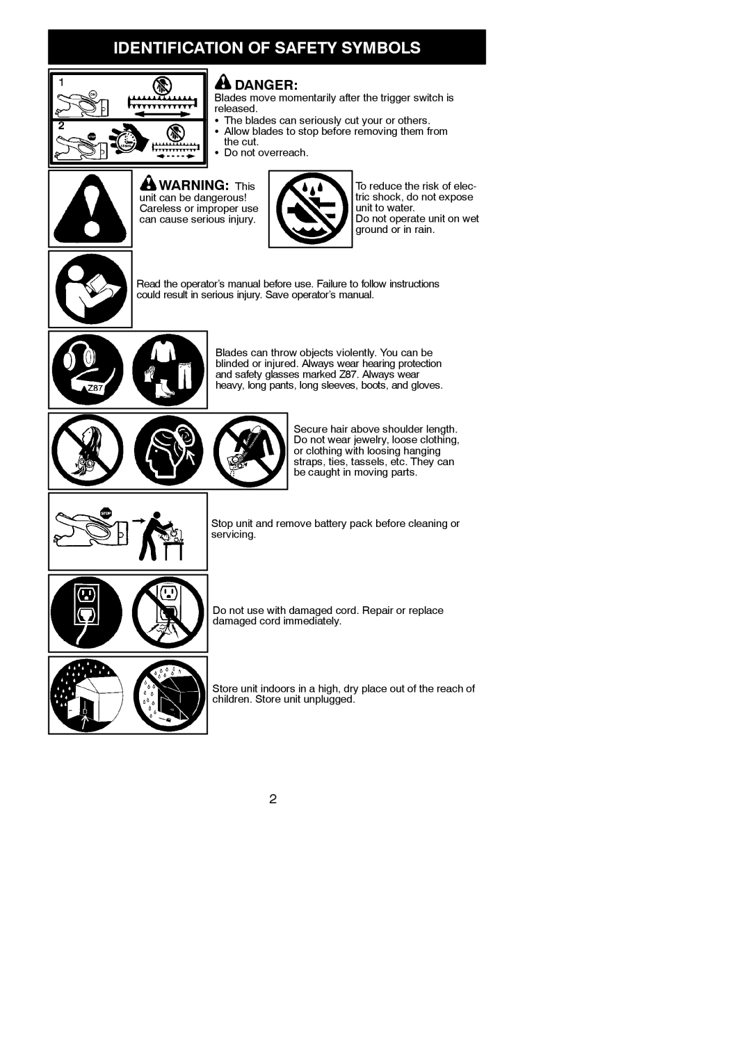 Weed Eater HTC2200, 545117506 instruction manual Identification of Safety Symbols 