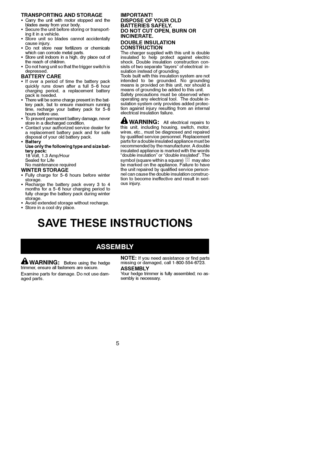 Weed Eater 545117506, HTC2200 instruction manual Assembly, Transporting and Storage, Battery Care, Winter Storage 