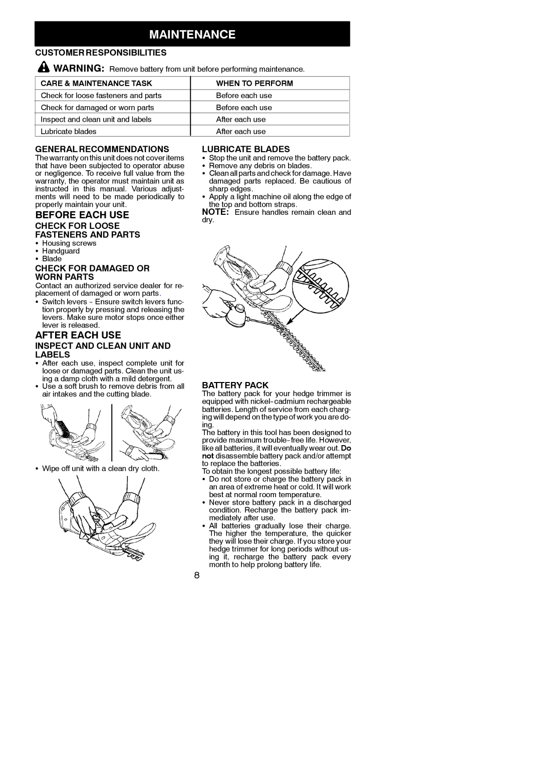 Weed Eater HTC2200, 545117506 instruction manual Maintenance 