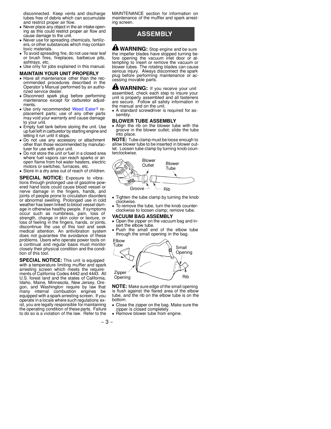 Weed Eater 530088944, LE Series Maintain Your Unit Properly, Blower Tube Assembly, Vacuum BAG Assembly 