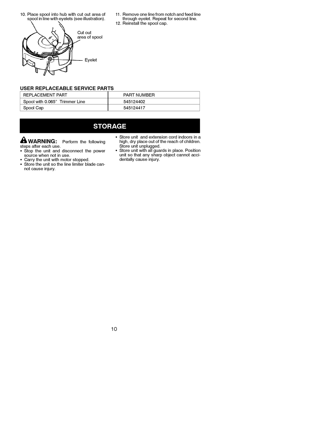 Weed Eater MINI TRIM AUTO, 545186764 User Replaceable Service Parts, Cut out Area of spool Eyelet, Reinstall the spool cap 