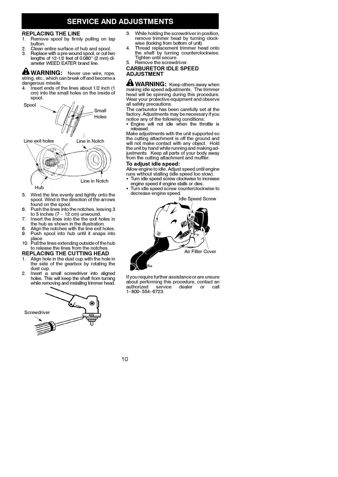 Weed Eater MX550 Service and Adjustments, Replacing the Line, Replacing the Cutting Head, Carburetor Idle Speed Adjustment 