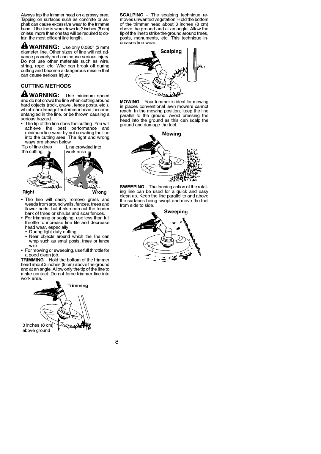 Weed Eater MX550, 545186834 Cutting Methods, Tip of line does, Cutting Work area, Inches 8 cm above ground 