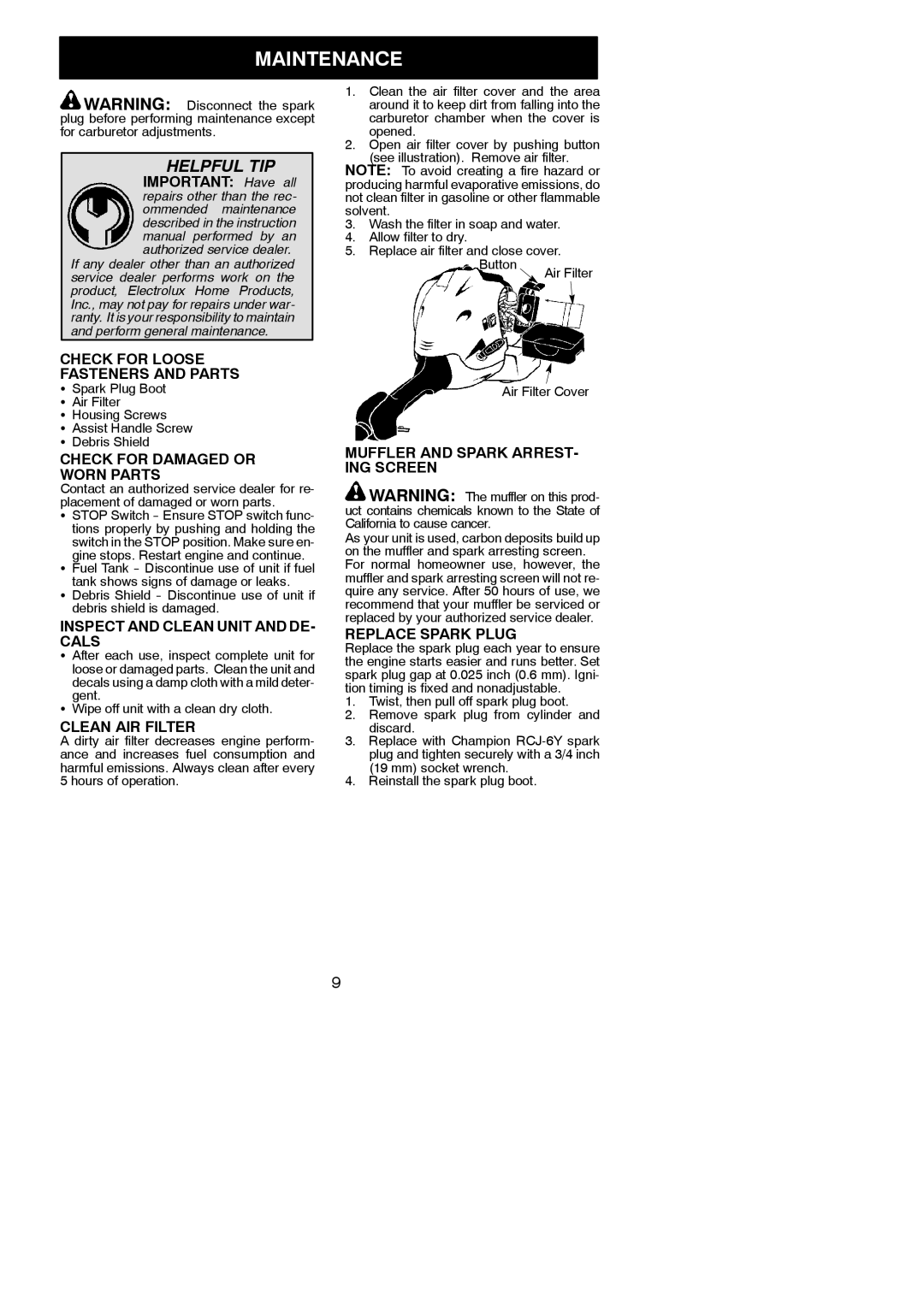 Weed Eater 545186834, MX550 instruction manual Maintenance 