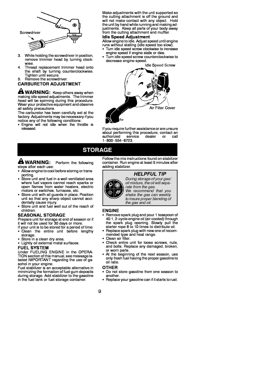 Weed Eater 545137271 Helpful Tip, Carburetor Adjustment, Idle Speed Adjustment, Seasonal Storage, Fuel System, Engine 