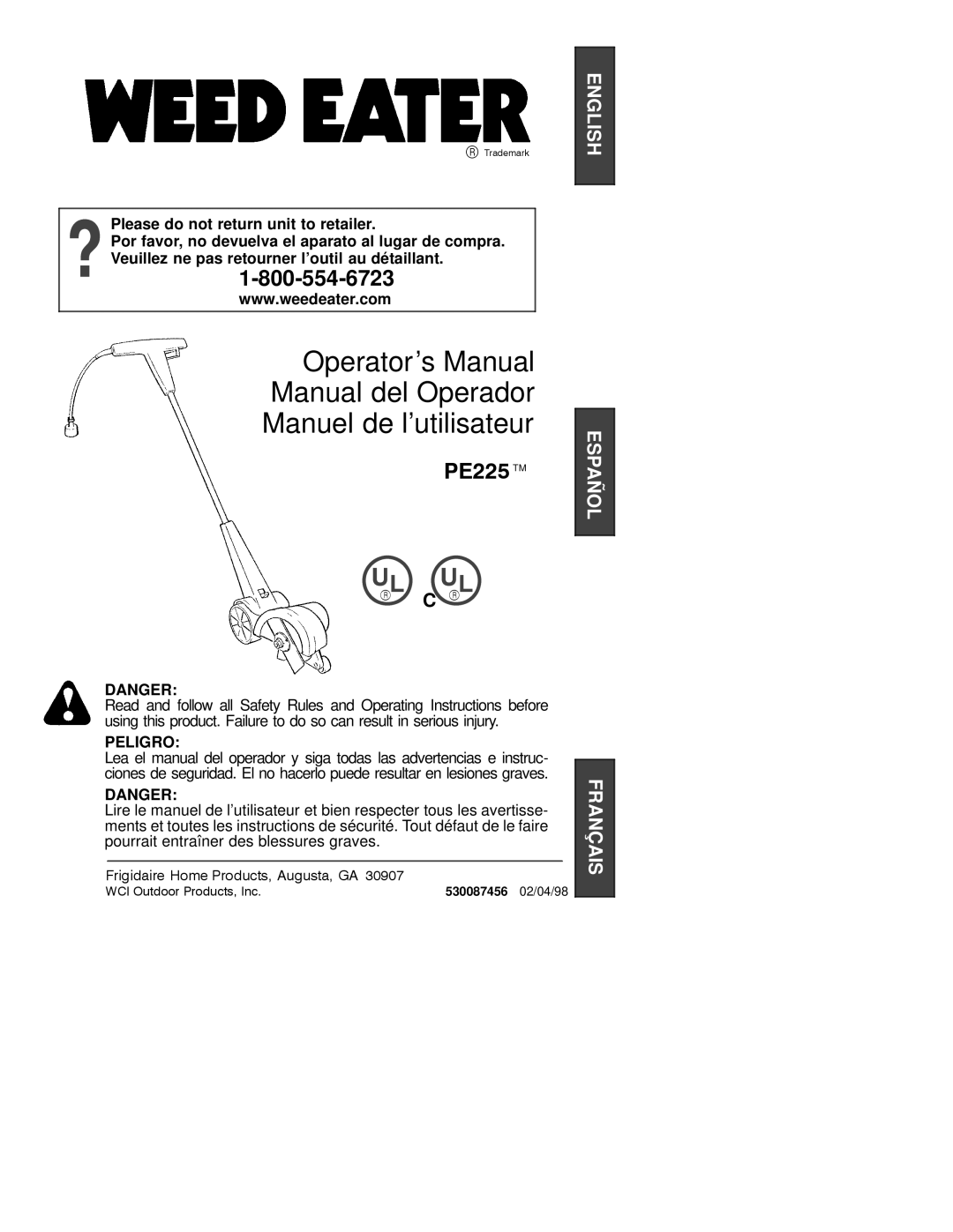 Weed Eater 530087456 manual PE225 TM, Peligro 