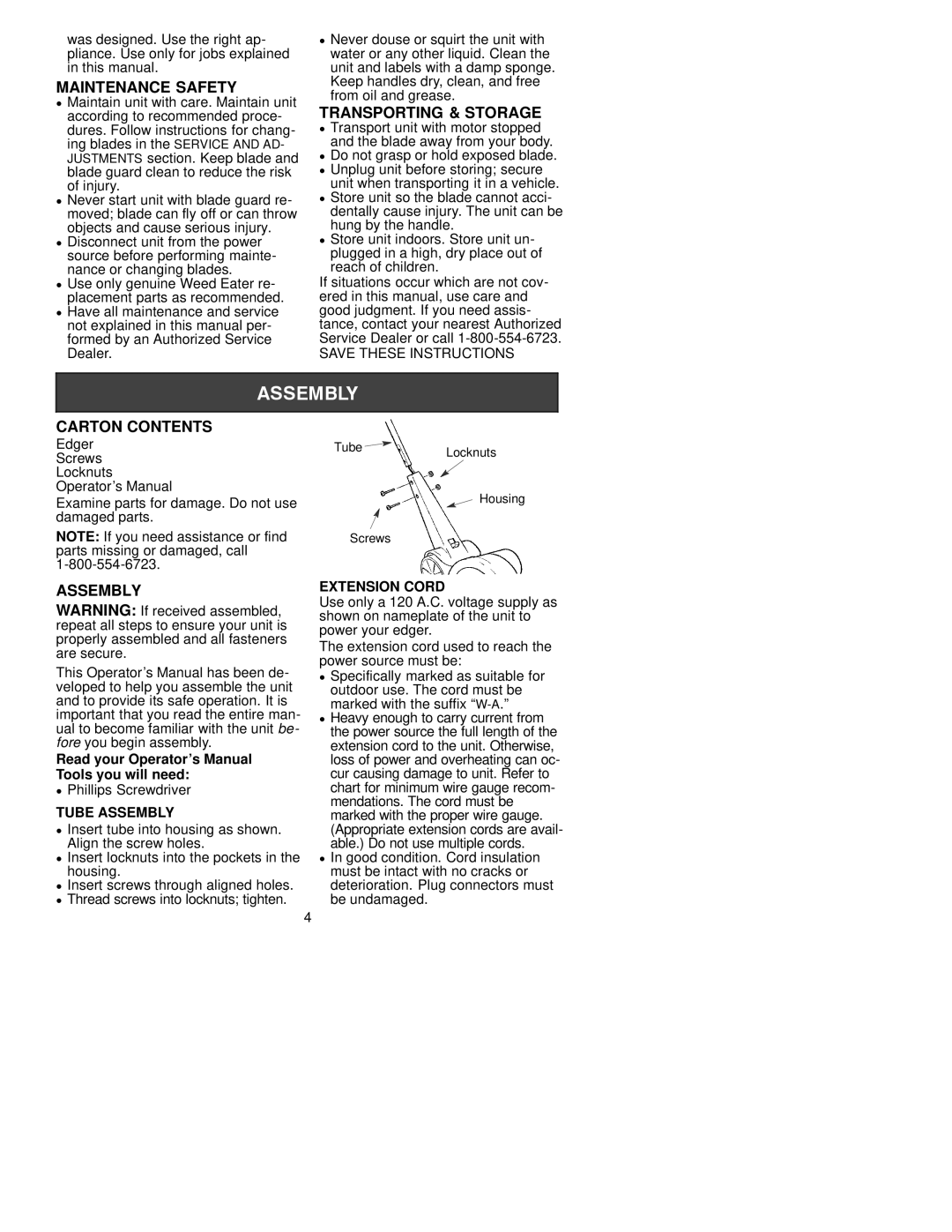 Weed Eater PE225, 530087456 manual Maintenance Safety, Transporting & Storage, Carton Contents, Assembly 