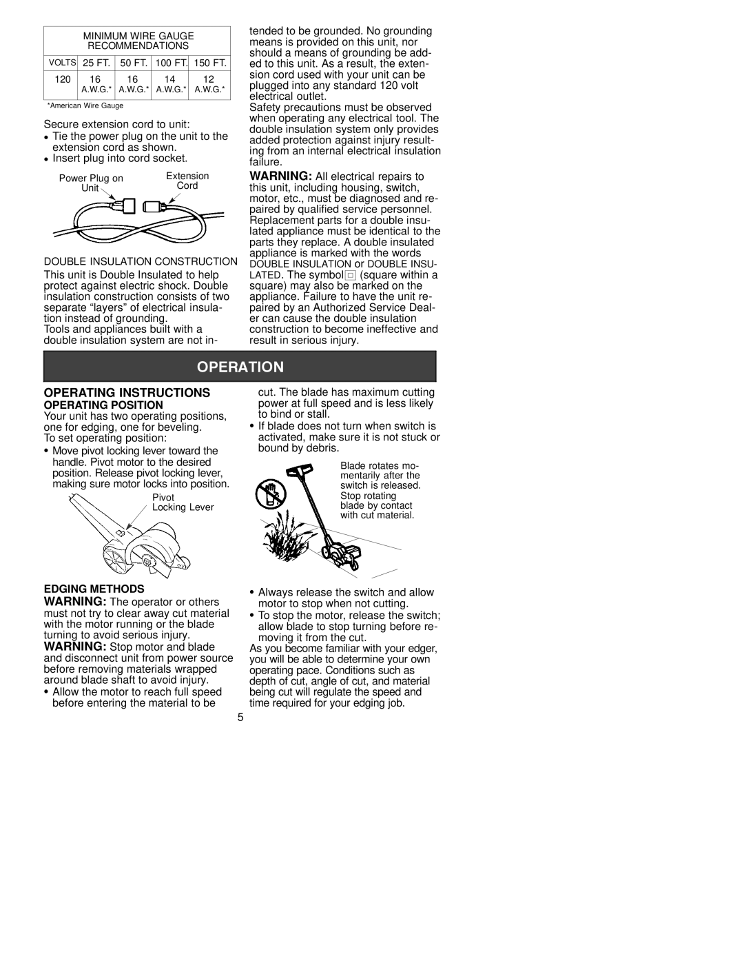 Weed Eater 530087456, PE225 manual Operating Instructions, Operating Position, To set operating position, Edging Methods 