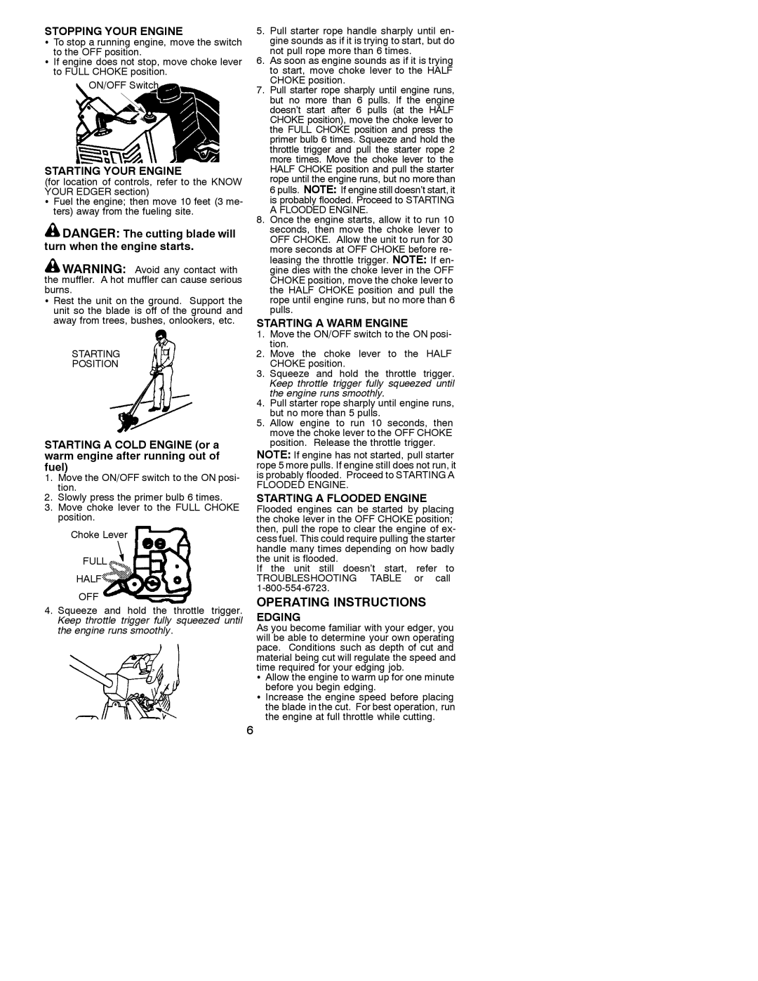 Weed Eater PE550 Stopping Your Engine, Starting Your Engine, Starting a Warm Engine, Starting a Flooded Engine, Edging 