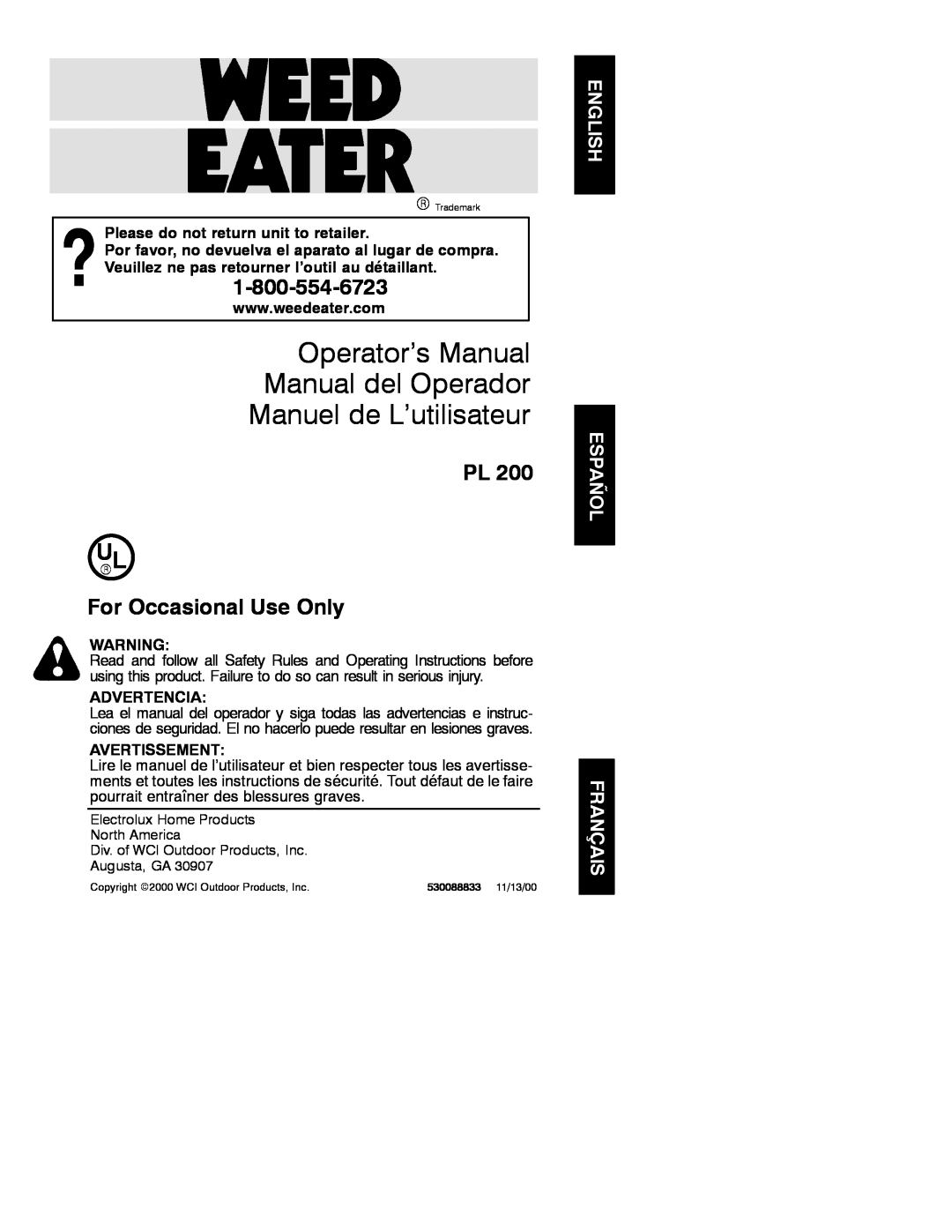 Weed Eater 530088833 operating instructions Operator’s Manual Manual del Operador Manuel de L’utilisateur, Advertencia 